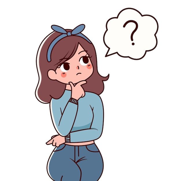 Cartoon woman with a blue headband and blue sweater stands thoughtfully with one hand on her chin and the other pointing to the side, looking at a speech bubble containing a question mark, set against a plain white background, conveying a sense of curiosity or contemplation